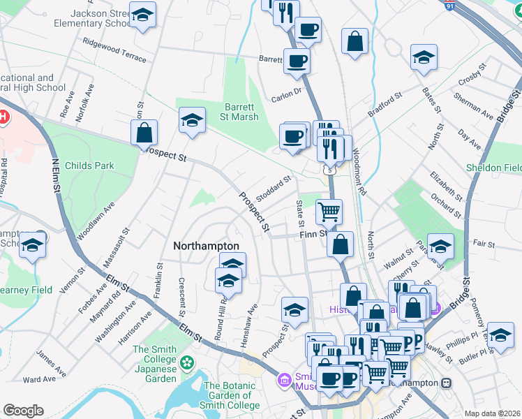 map of restaurants, bars, coffee shops, grocery stores, and more near 12 Perkins Avenue in Northampton