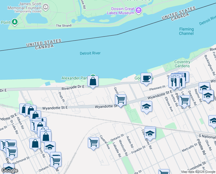 map of restaurants, bars, coffee shops, grocery stores, and more near 3915 Riverside Drive East in Windsor