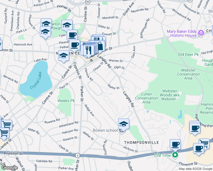 map of restaurants, bars, coffee shops, grocery stores, and more near 37 Knowles Street in Newton