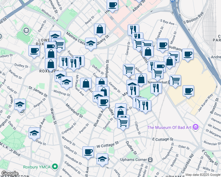 map of restaurants, bars, coffee shops, grocery stores, and more near 262 Eustis Street in Boston