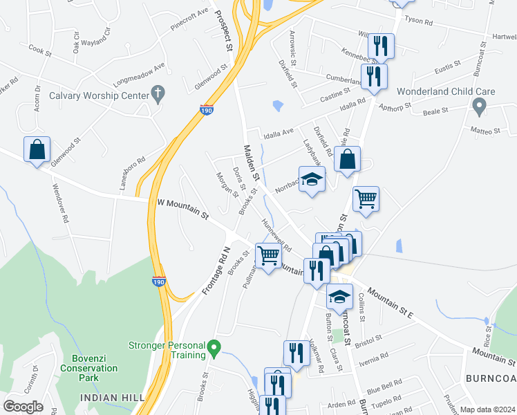 map of restaurants, bars, coffee shops, grocery stores, and more near 48 Hunnewell Road in Worcester