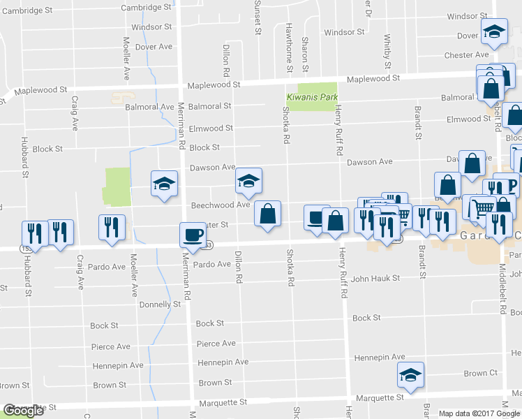 map of restaurants, bars, coffee shops, grocery stores, and more near 30833 Beechwood Avenue in Garden City