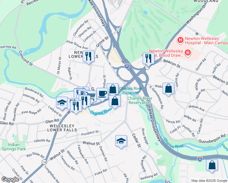map of restaurants, bars, coffee shops, grocery stores, and more near 2281 Washington Street in Newton