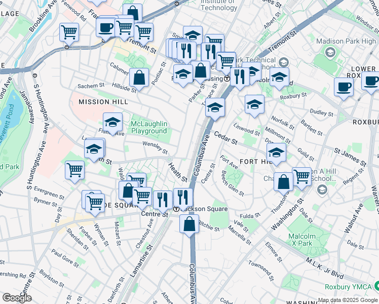 map of restaurants, bars, coffee shops, grocery stores, and more near 166 Terrace Street in Roxbury Crossing