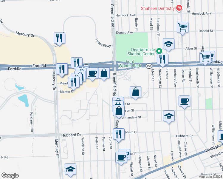 map of restaurants, bars, coffee shops, grocery stores, and more near 5404 Curtis Street in Dearborn