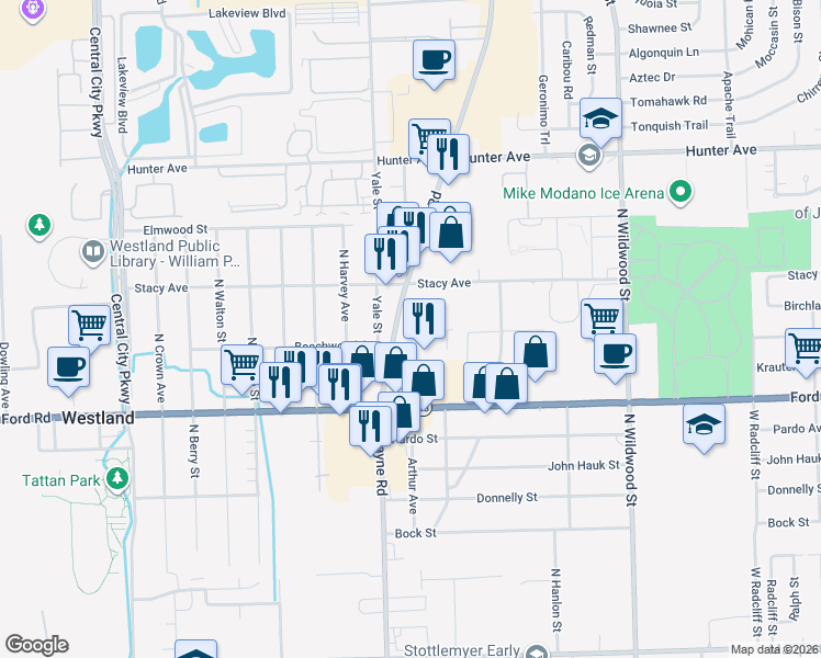 map of restaurants, bars, coffee shops, grocery stores, and more near 5860 North Wayne Road in Westland