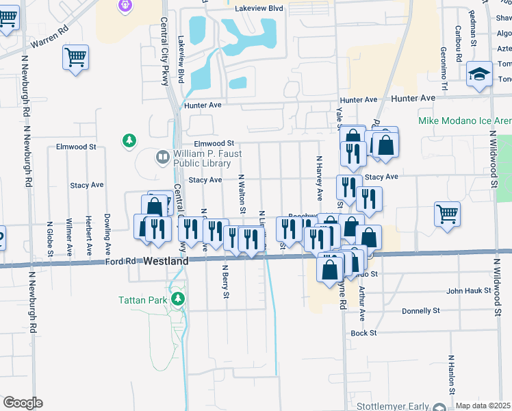 map of restaurants, bars, coffee shops, grocery stores, and more near 5868 North Linville Street in Westland