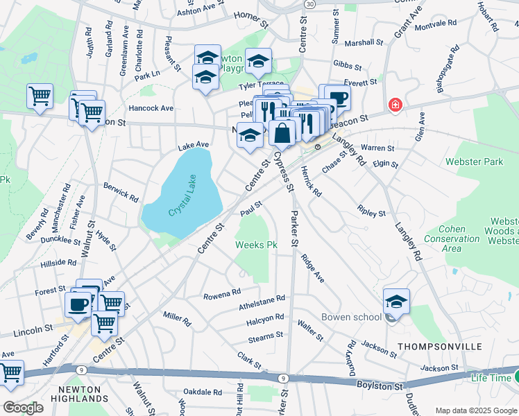 map of restaurants, bars, coffee shops, grocery stores, and more near 50 Paul Street in Newton