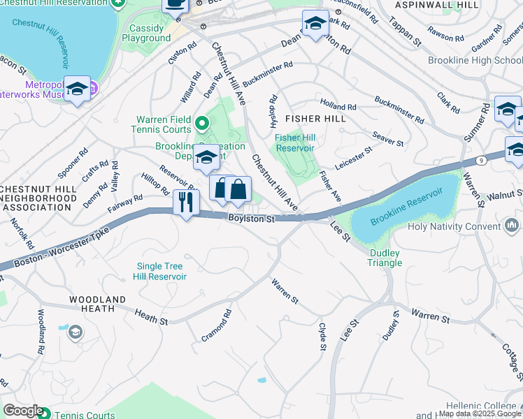 map of restaurants, bars, coffee shops, grocery stores, and more near 7 Timon Avenue in Brookline