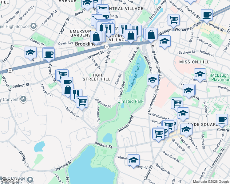 map of restaurants, bars, coffee shops, grocery stores, and more near 231 Pond Avenue in Brookline