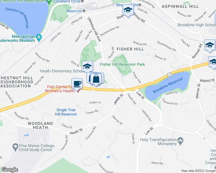 map of restaurants, bars, coffee shops, grocery stores, and more near 30 Eliot Street in Brookline