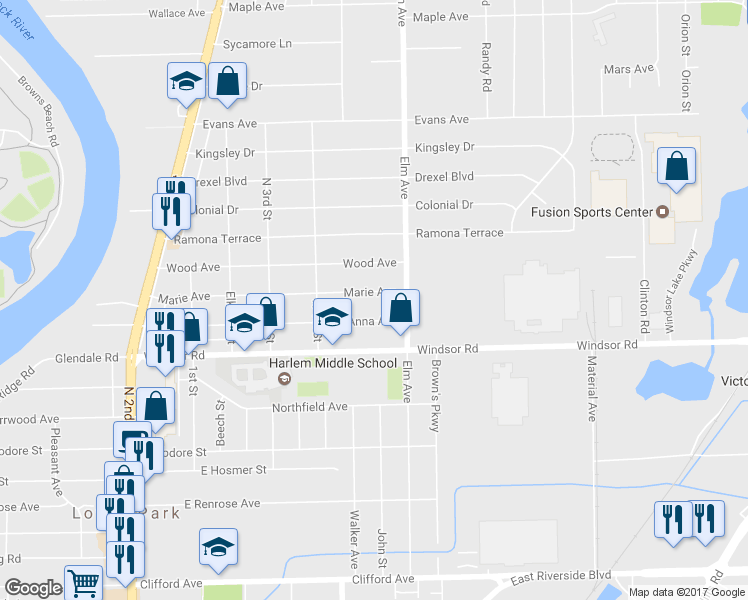 map of restaurants, bars, coffee shops, grocery stores, and more near 1009 Marie Avenue in Machesney Park