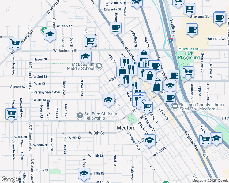 map of restaurants, bars, coffee shops, grocery stores, and more near 243 North Holly Street in Medford