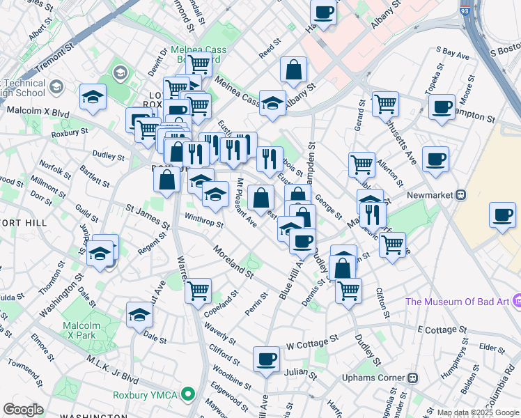 map of restaurants, bars, coffee shops, grocery stores, and more near 40 Forest Street in Boston