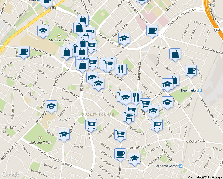 map of restaurants, bars, coffee shops, grocery stores, and more near 16 Mount Pleasant Avenue in Boston