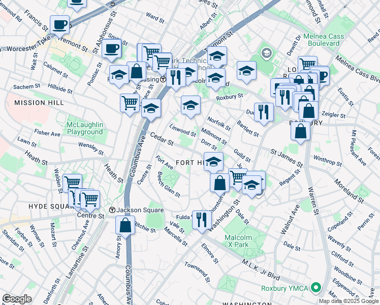 map of restaurants, bars, coffee shops, grocery stores, and more near 91 Cedar Street in Boston