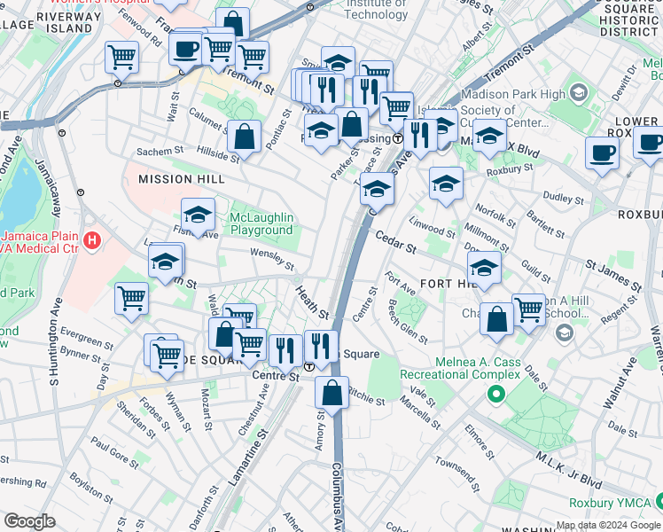 map of restaurants, bars, coffee shops, grocery stores, and more near 164 Terrace Street in Boston