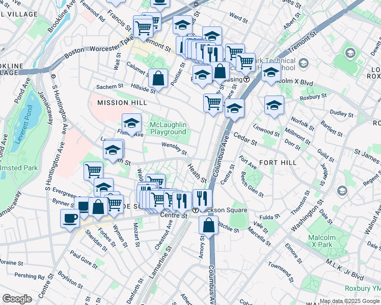 map of restaurants, bars, coffee shops, grocery stores, and more near 4 Fisher Avenue in Boston