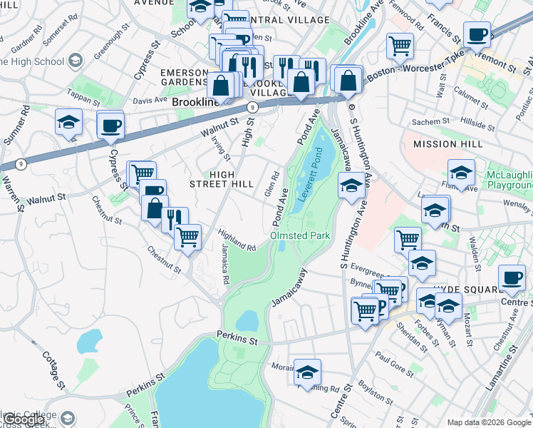 map of restaurants, bars, coffee shops, grocery stores, and more near 231 Pond Avenue in Brookline