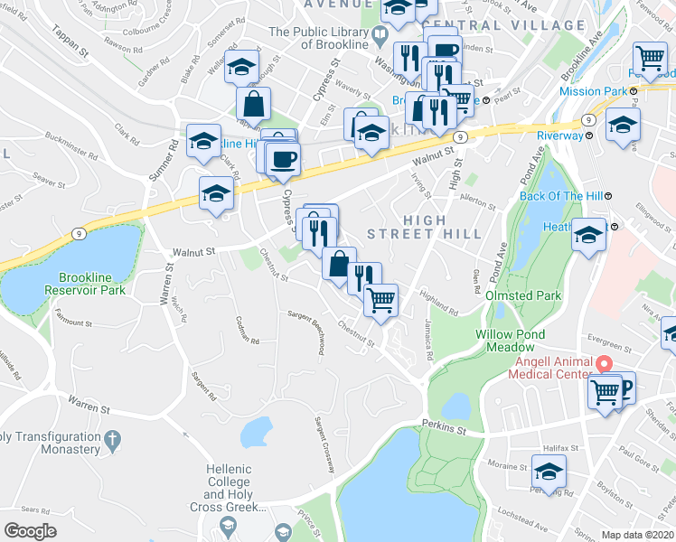 map of restaurants, bars, coffee shops, grocery stores, and more near 236 Cypress Street in Brookline