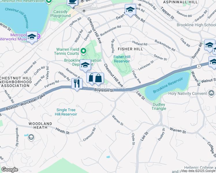 map of restaurants, bars, coffee shops, grocery stores, and more near 30 Eliot Street in Brookline