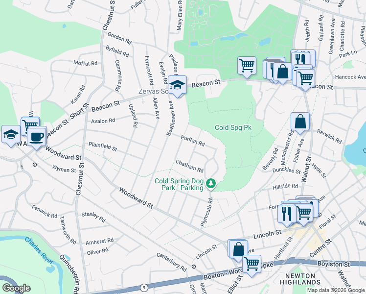 map of restaurants, bars, coffee shops, grocery stores, and more near 52 Puritan Road in Newton