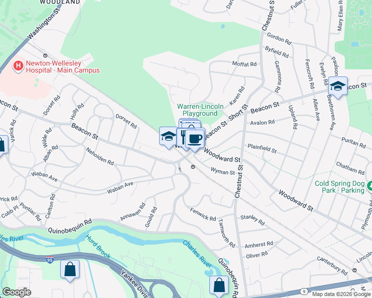 map of restaurants, bars, coffee shops, grocery stores, and more near 1649 Beacon Street in Newton