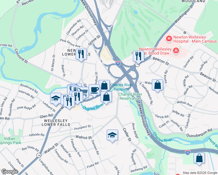 map of restaurants, bars, coffee shops, grocery stores, and more near 49 Executive Park Drive in Newton