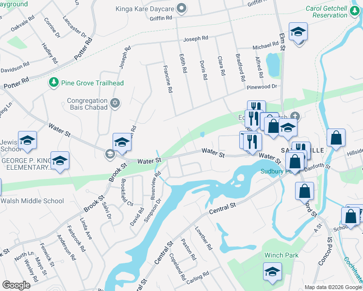 map of restaurants, bars, coffee shops, grocery stores, and more near 221 Water Street in Framingham