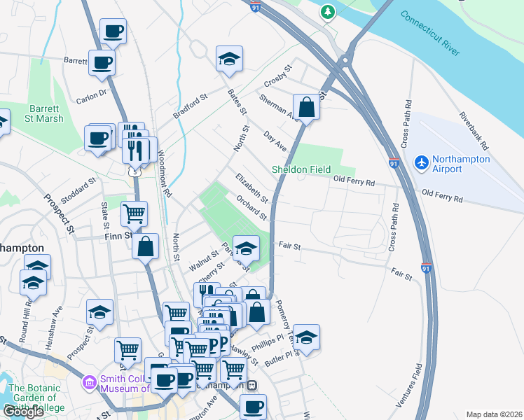 map of restaurants, bars, coffee shops, grocery stores, and more near 212 Bridge Street in Northampton