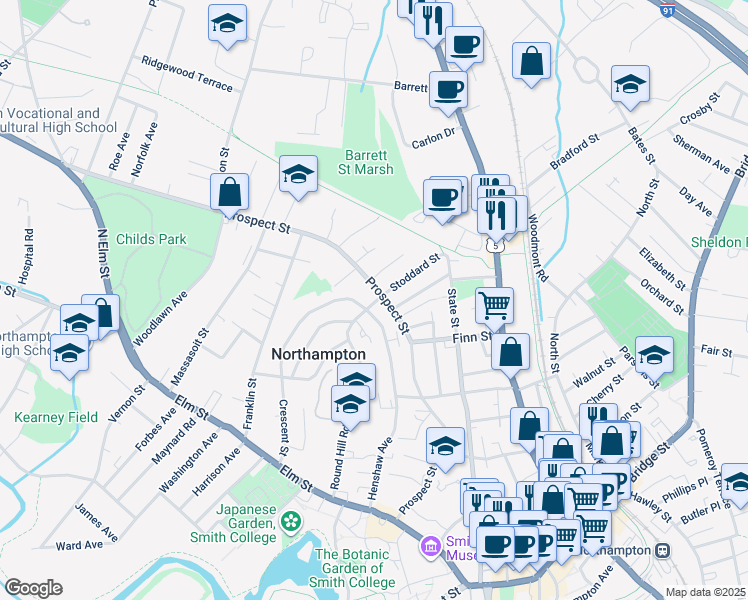 map of restaurants, bars, coffee shops, grocery stores, and more near 196 Round Hill Road in Northampton