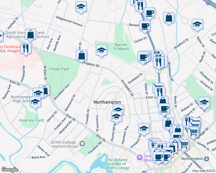 map of restaurants, bars, coffee shops, grocery stores, and more near 141 Crescent Street in Northampton