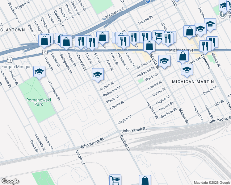 map of restaurants, bars, coffee shops, grocery stores, and more near 7321 Parkwood Street in Detroit