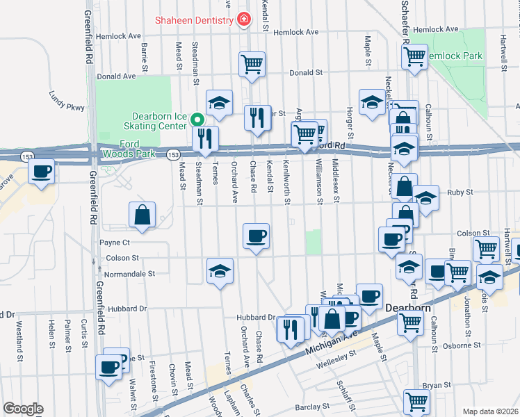map of restaurants, bars, coffee shops, grocery stores, and more near 5400 Chase Road in Dearborn