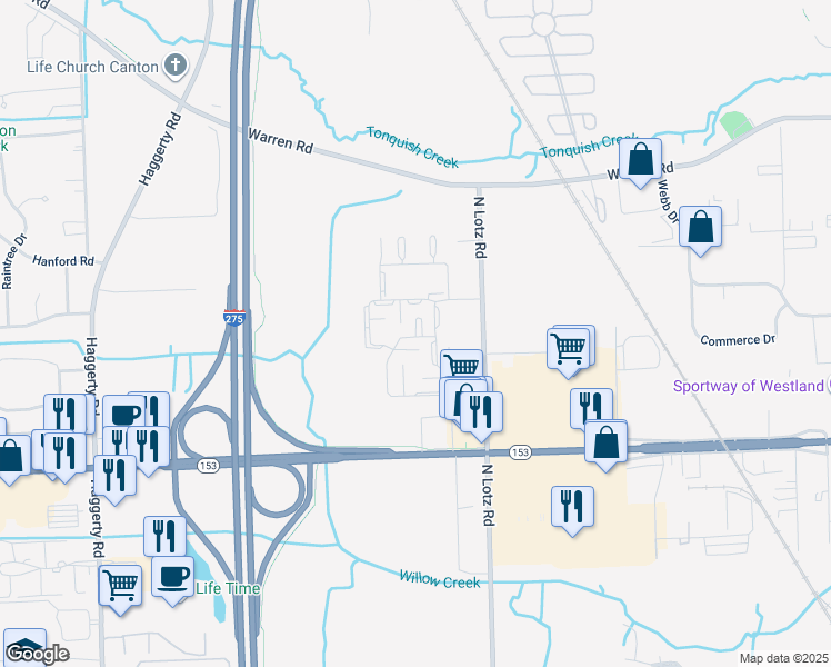 map of restaurants, bars, coffee shops, grocery stores, and more near 5939 Sandhurst Street in Canton