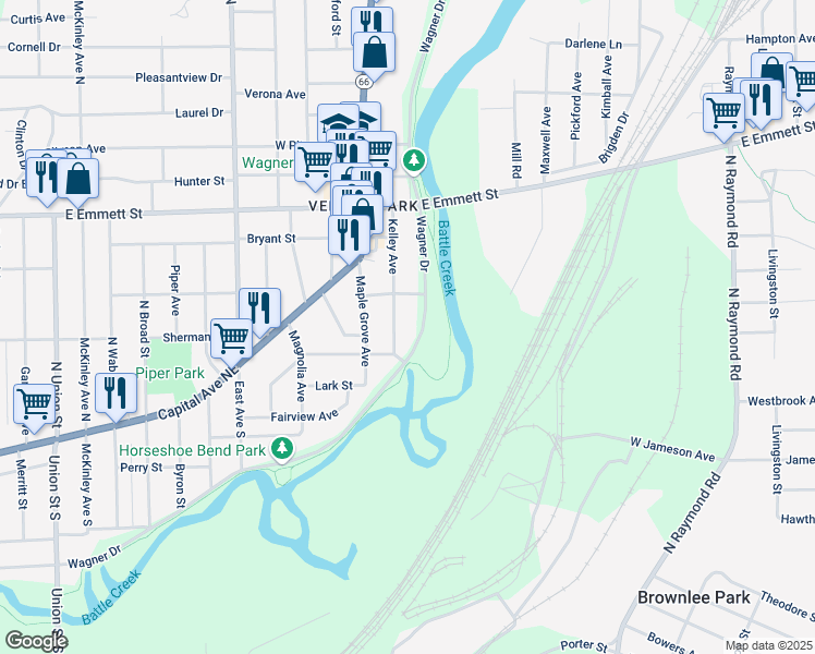 map of restaurants, bars, coffee shops, grocery stores, and more near 675 Wagner Drive in Battle Creek