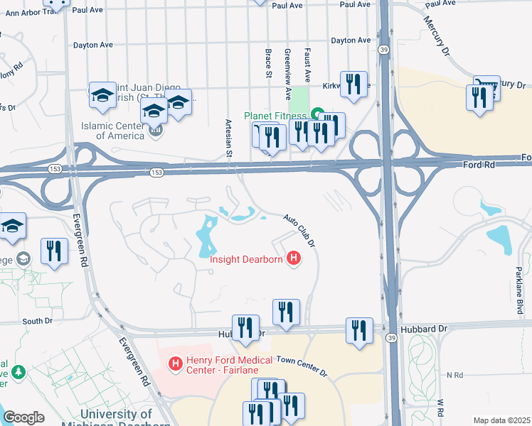 map of restaurants, bars, coffee shops, grocery stores, and more near 5111 Auto Club Drive in Dearborn