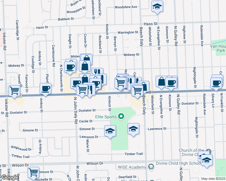 map of restaurants, bars, coffee shops, grocery stores, and more near 5636 Kinloch Street in Dearborn Heights