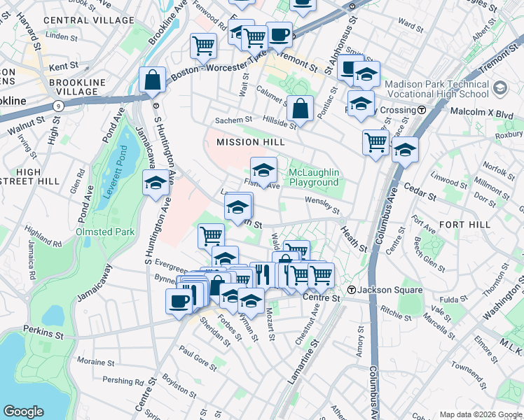map of restaurants, bars, coffee shops, grocery stores, and more near 58 Lawn Street in Boston
