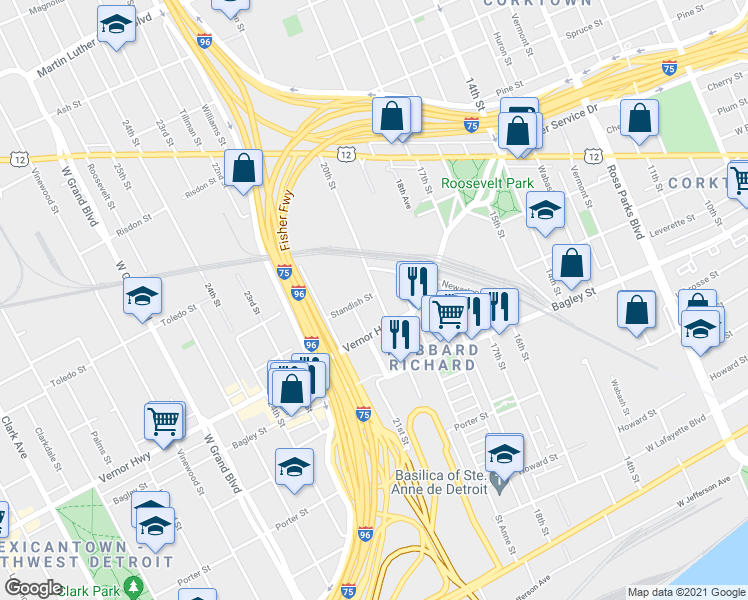 map of restaurants, bars, coffee shops, grocery stores, and more near 1871 20th Street in Detroit