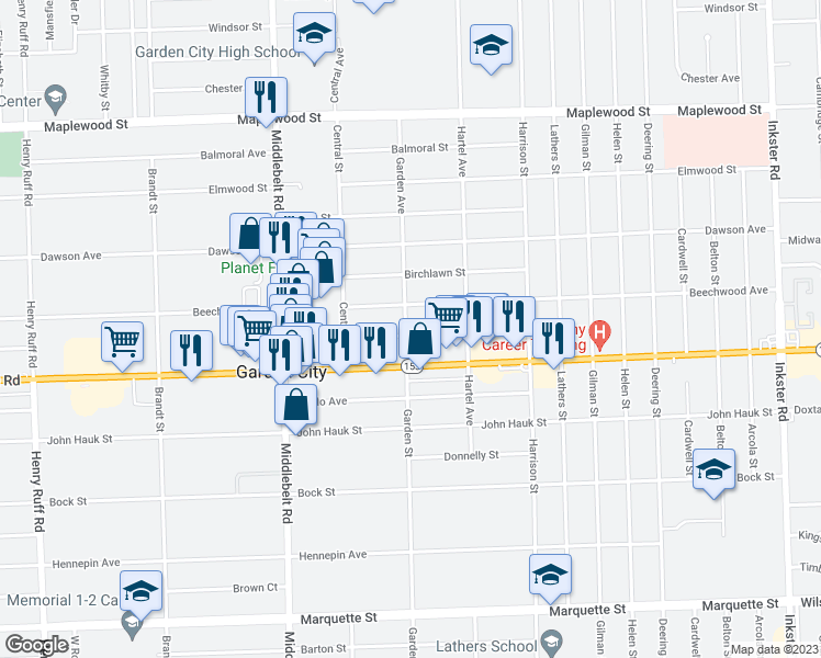 map of restaurants, bars, coffee shops, grocery stores, and more near 28850 Krauter Street in Garden City
