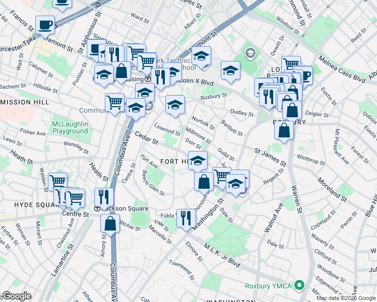 map of restaurants, bars, coffee shops, grocery stores, and more near 91 Cedar Street in Boston