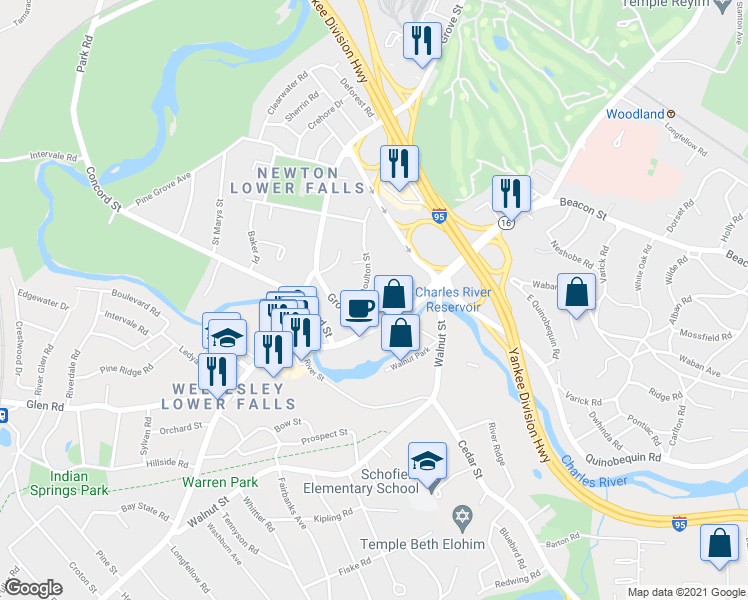 map of restaurants, bars, coffee shops, grocery stores, and more near 11 Gail Road in Newton