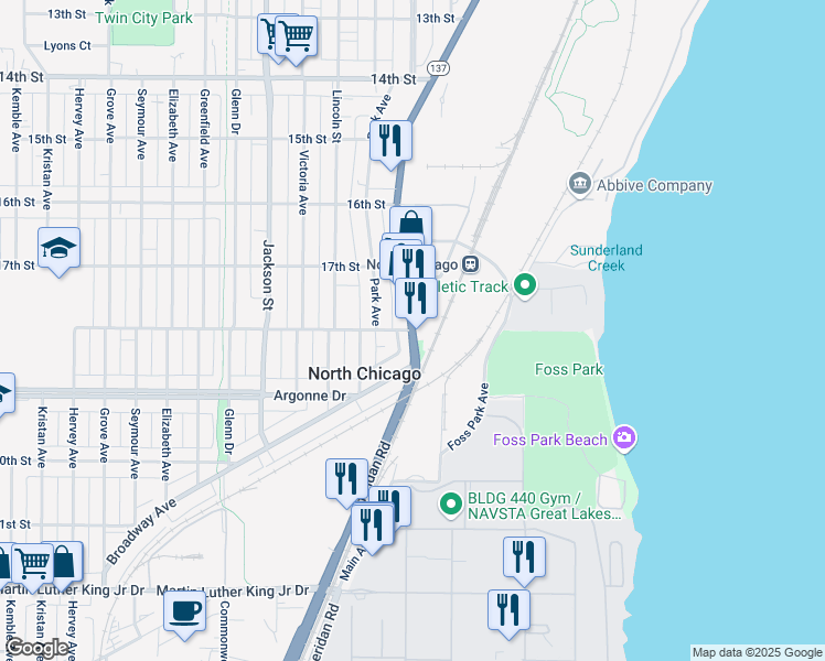 map of restaurants, bars, coffee shops, grocery stores, and more near Sheridan Rd & 18th St in North Chicago