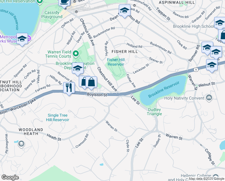 map of restaurants, bars, coffee shops, grocery stores, and more near 7 Eliot Street in Brookline