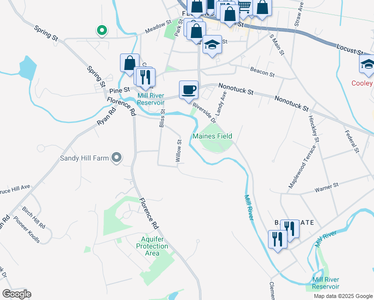 map of restaurants, bars, coffee shops, grocery stores, and more near 64 Willow Street in Northampton