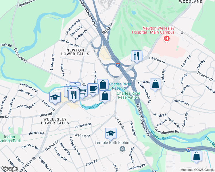 map of restaurants, bars, coffee shops, grocery stores, and more near 49 Executive Park Drive in Newton