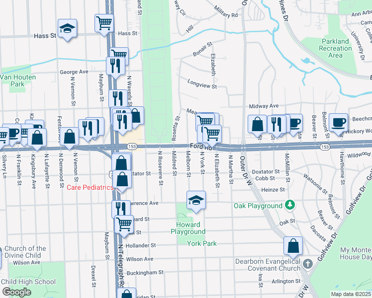 map of restaurants, bars, coffee shops, grocery stores, and more near 3499 North Melborn Street in Dearborn Heights