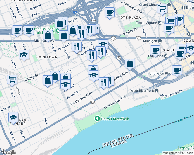 map of restaurants, bars, coffee shops, grocery stores, and more near 1450 Howard Street in Detroit