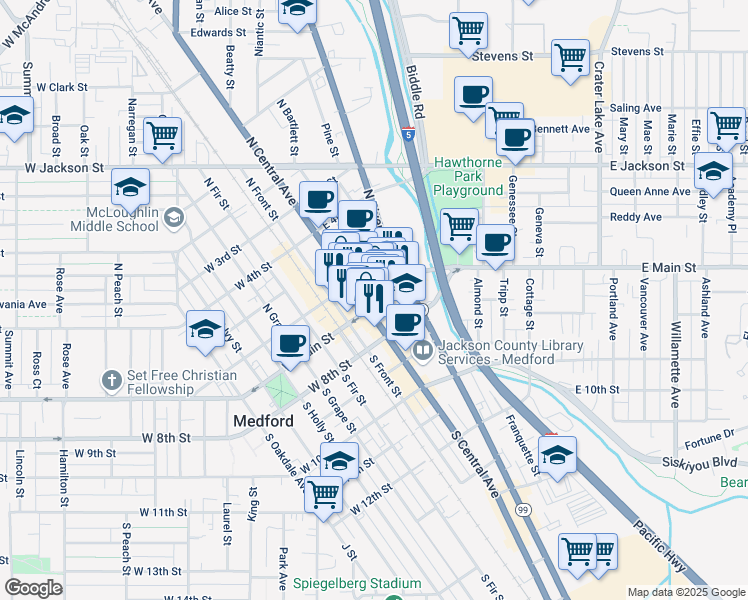 map of restaurants, bars, coffee shops, grocery stores, and more near 215 East Main Street in Medford